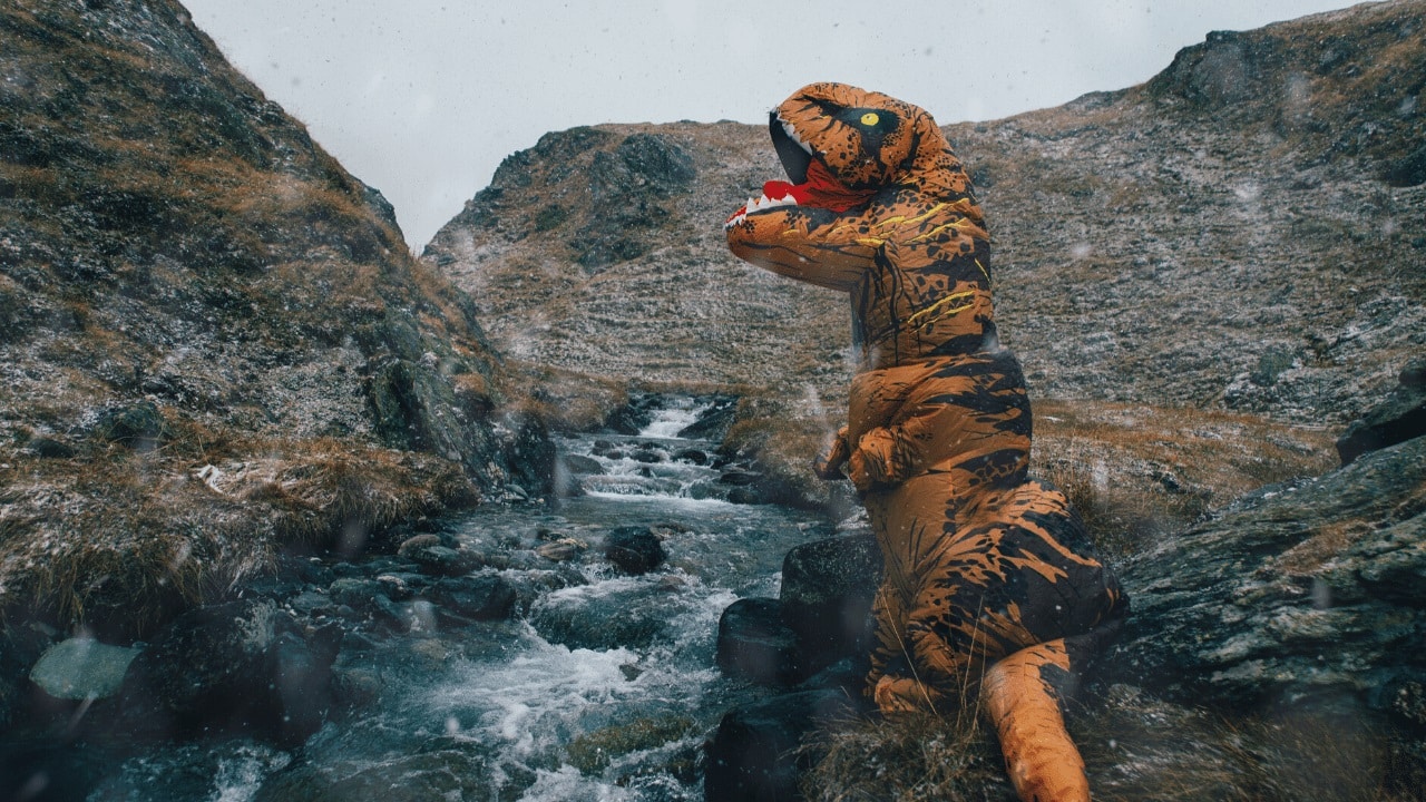 inflatable dinosaur on a walk in the mountains